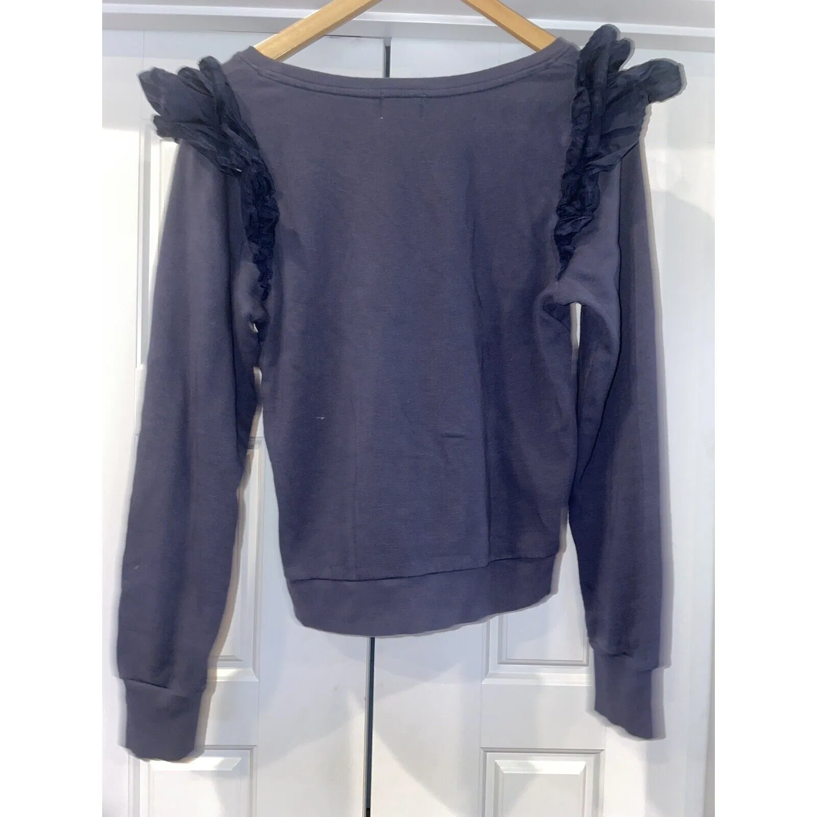 NATION LTD Women's Esther Sweatshirt – Navy Blue with Shoulder Ruffle – Size Medium