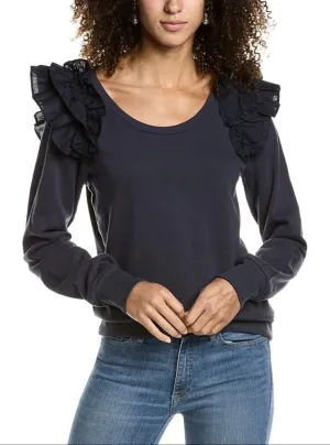 NATION LTD Women's Esther Sweatshirt – Navy Blue with Shoulder Ruffle – Size Medium