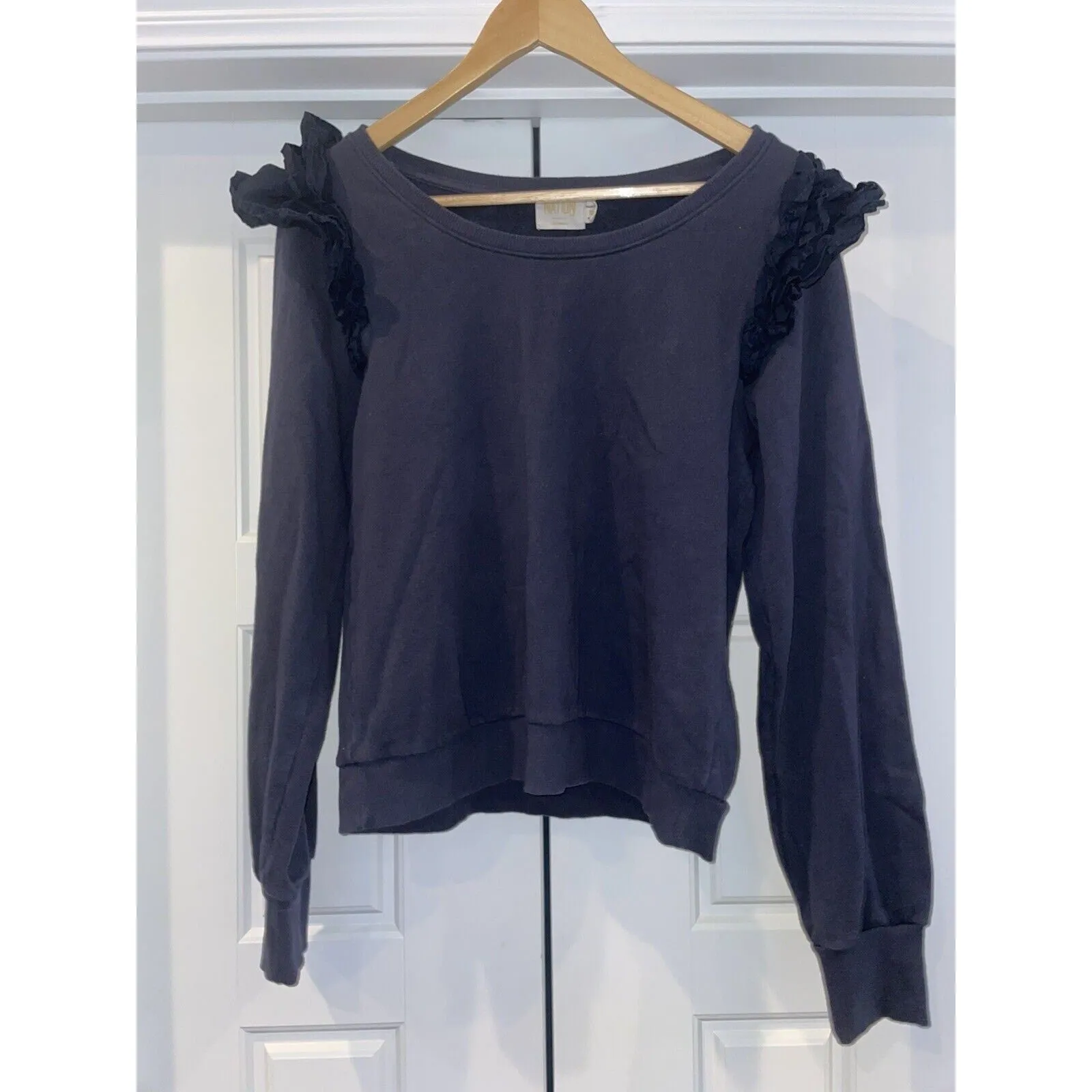NATION LTD Women's Esther Sweatshirt – Navy Blue with Shoulder Ruffle – Size Medium