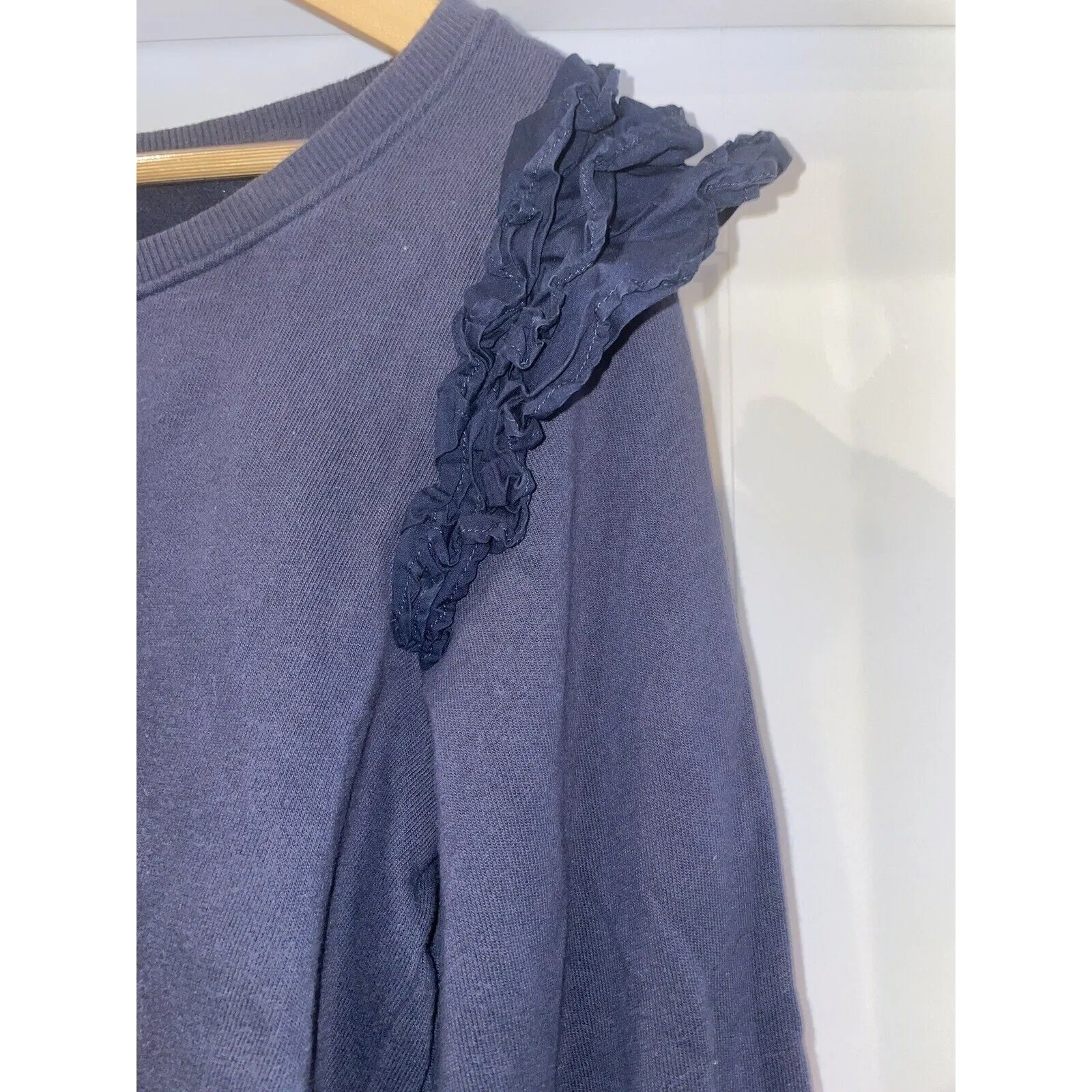 NATION LTD Women's Esther Sweatshirt – Navy Blue with Shoulder Ruffle – Size Medium
