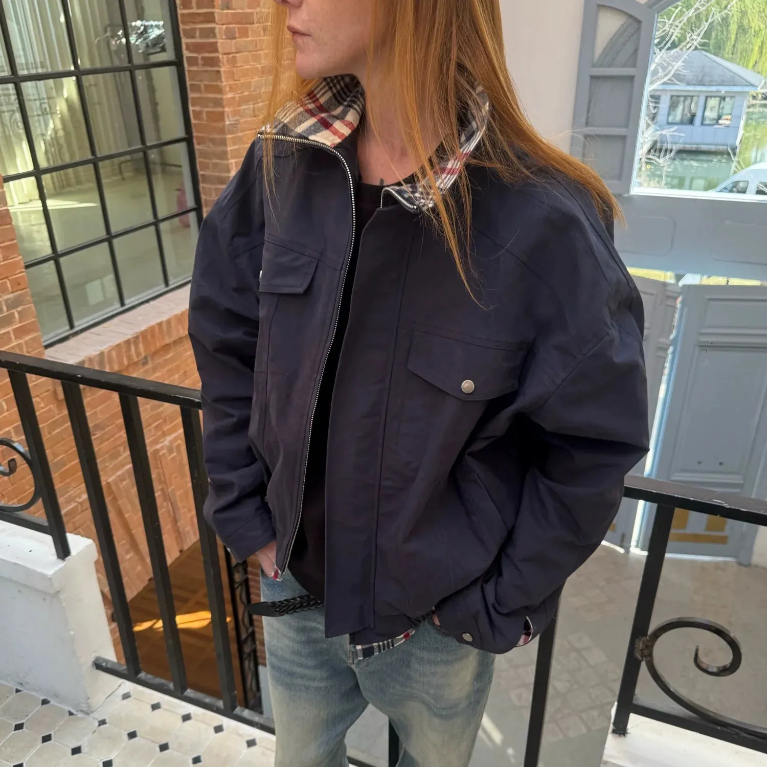 Navy Plaid Lapel Jacket