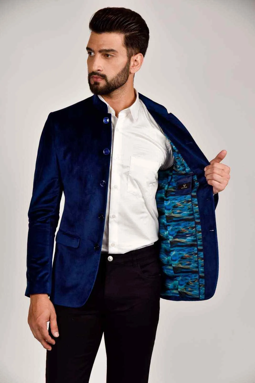 Navy Velvet Bandhgala Blazer