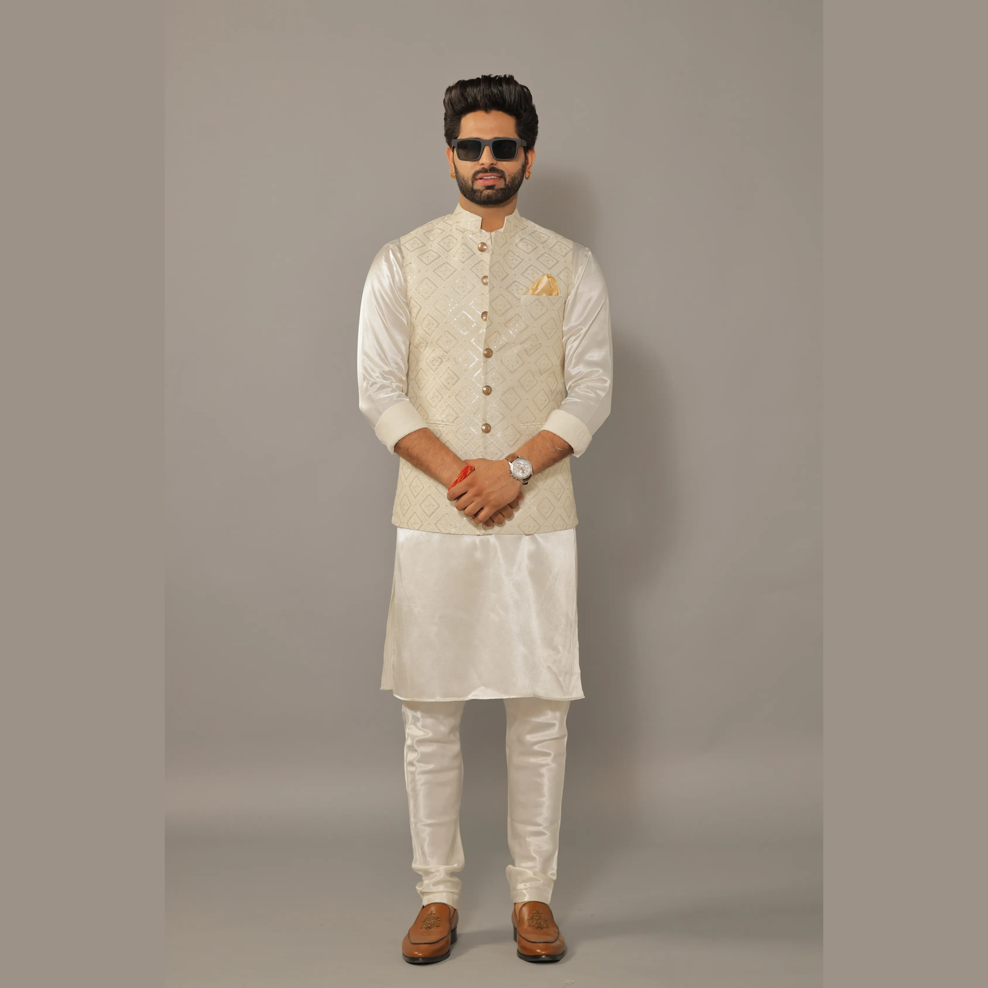 Off-White Kurta Pajama Set with Luckhnawi Embroidery White Color Nehru Jacket - Handcrafted