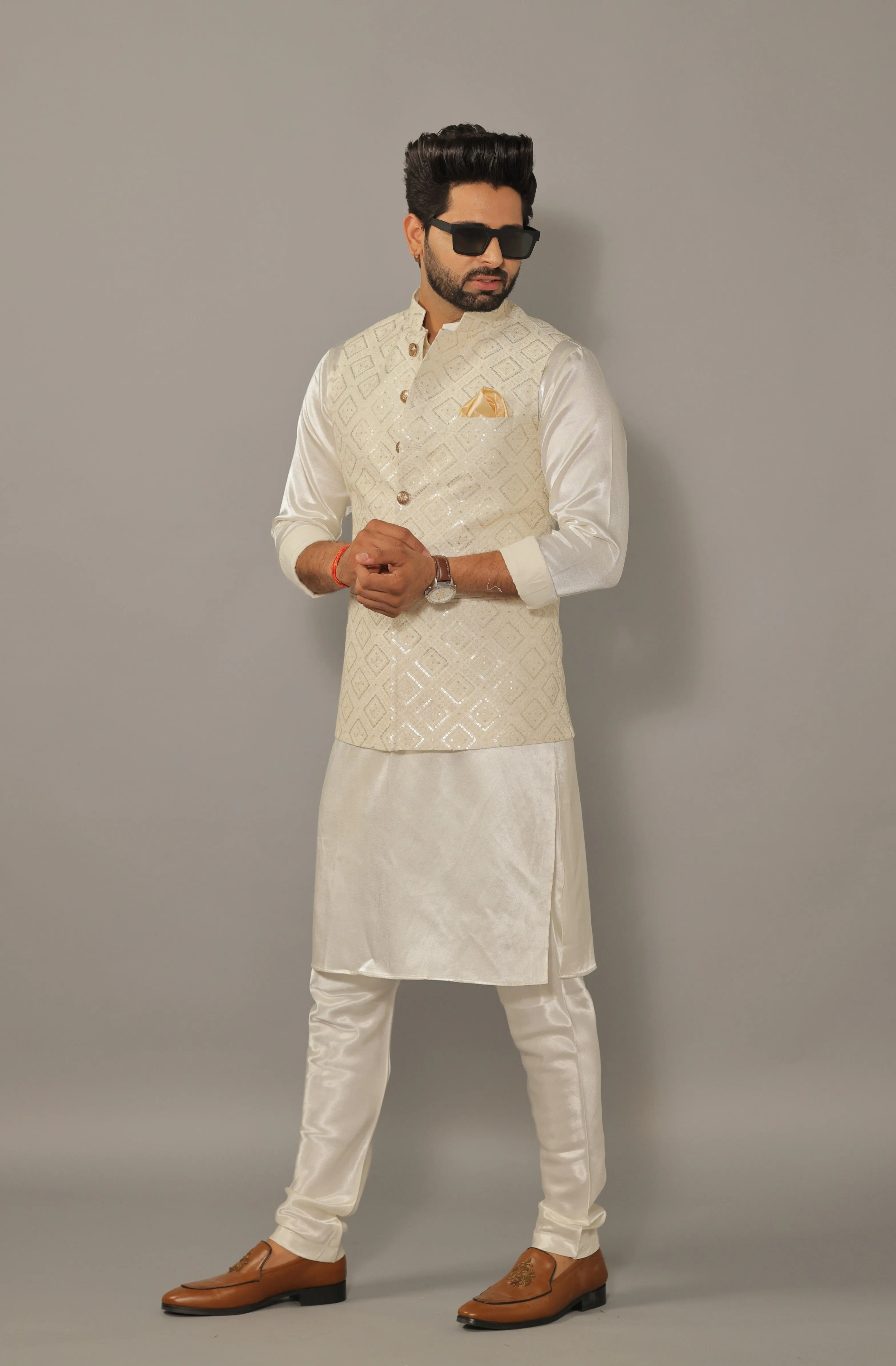 Off-White Kurta Pajama Set with Luckhnawi Embroidery White Color Nehru Jacket - Handcrafted