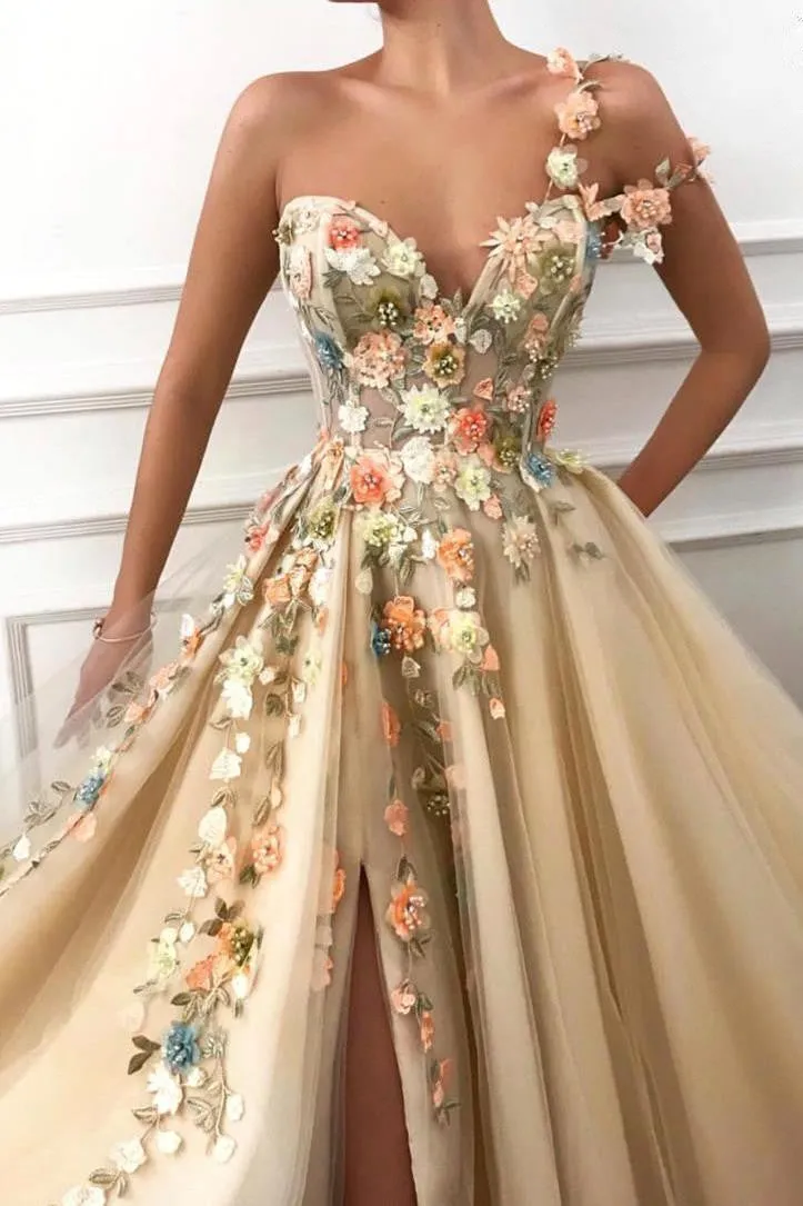 One Shoulder Ball Gown Prom Dress Applique Light Gold  V-Neck Long Tulle