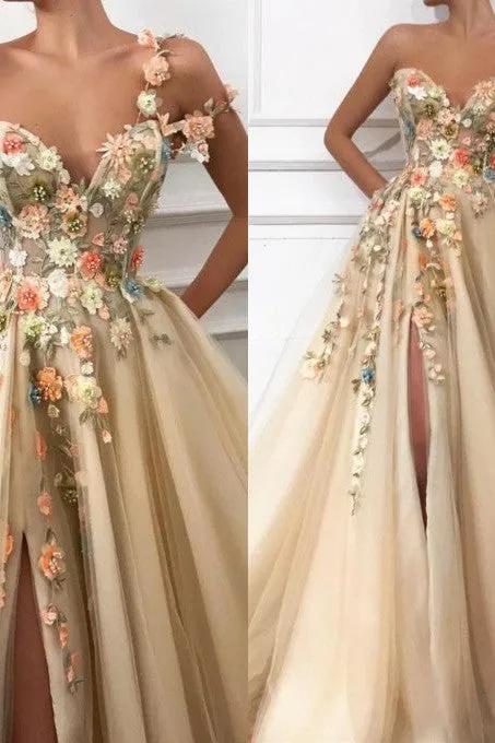One Shoulder Ball Gown Prom Dress Applique Light Gold  V-Neck Long Tulle