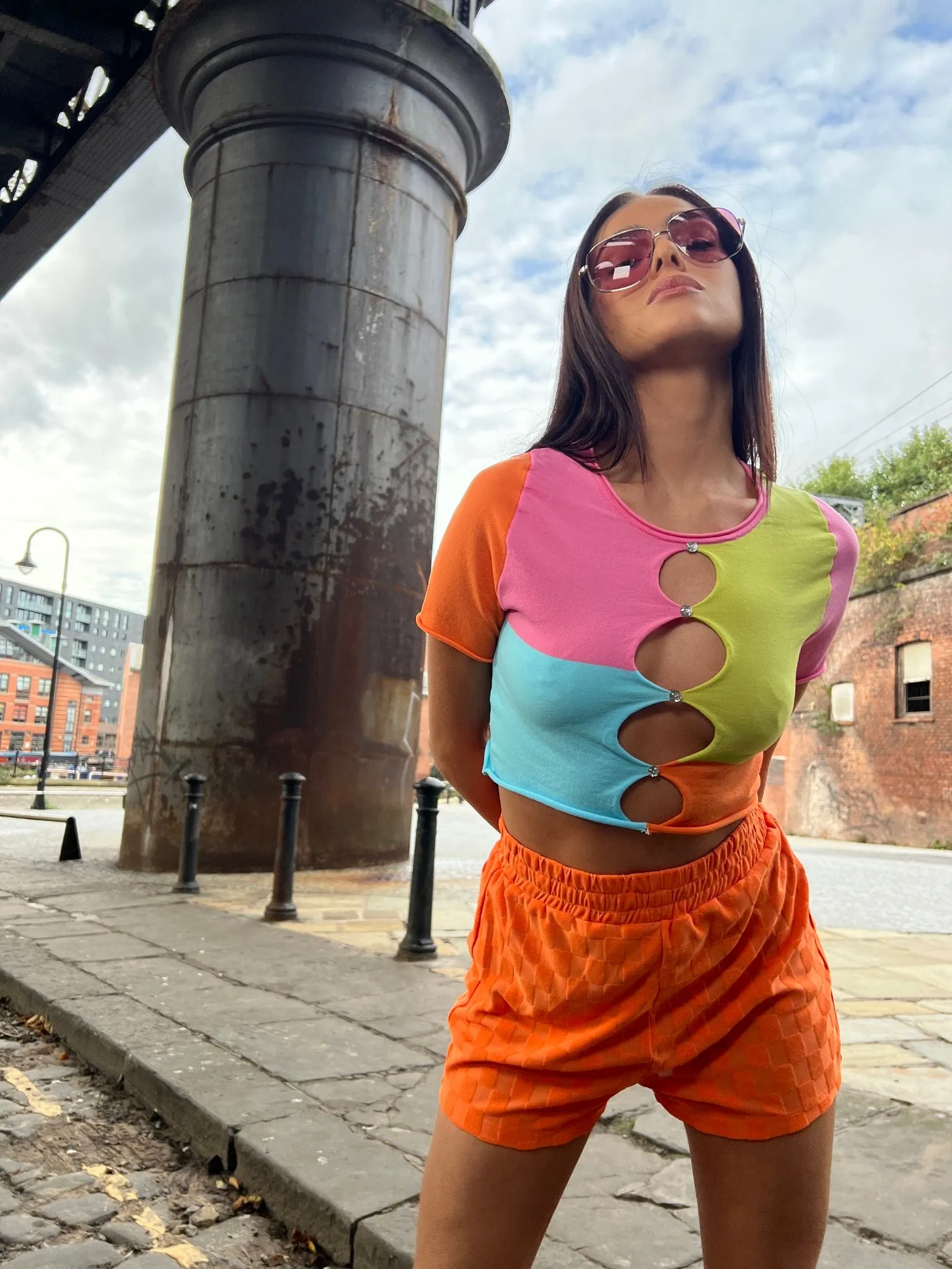 Orange Checkerboard Patch Pocket Track shorts
