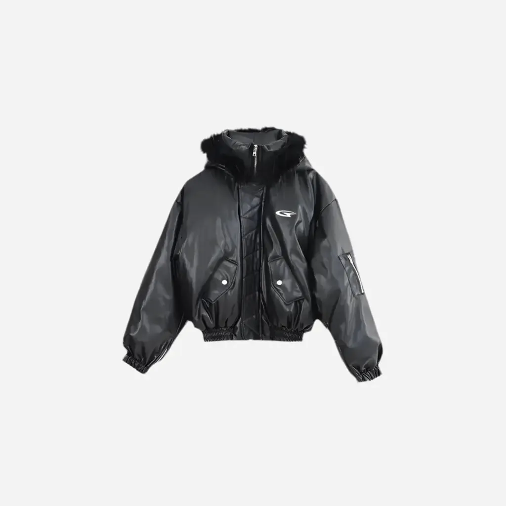 Oversized Leather Fur Hooded Cropped Bomber