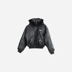 Oversized Leather Fur Hooded Cropped Bomber