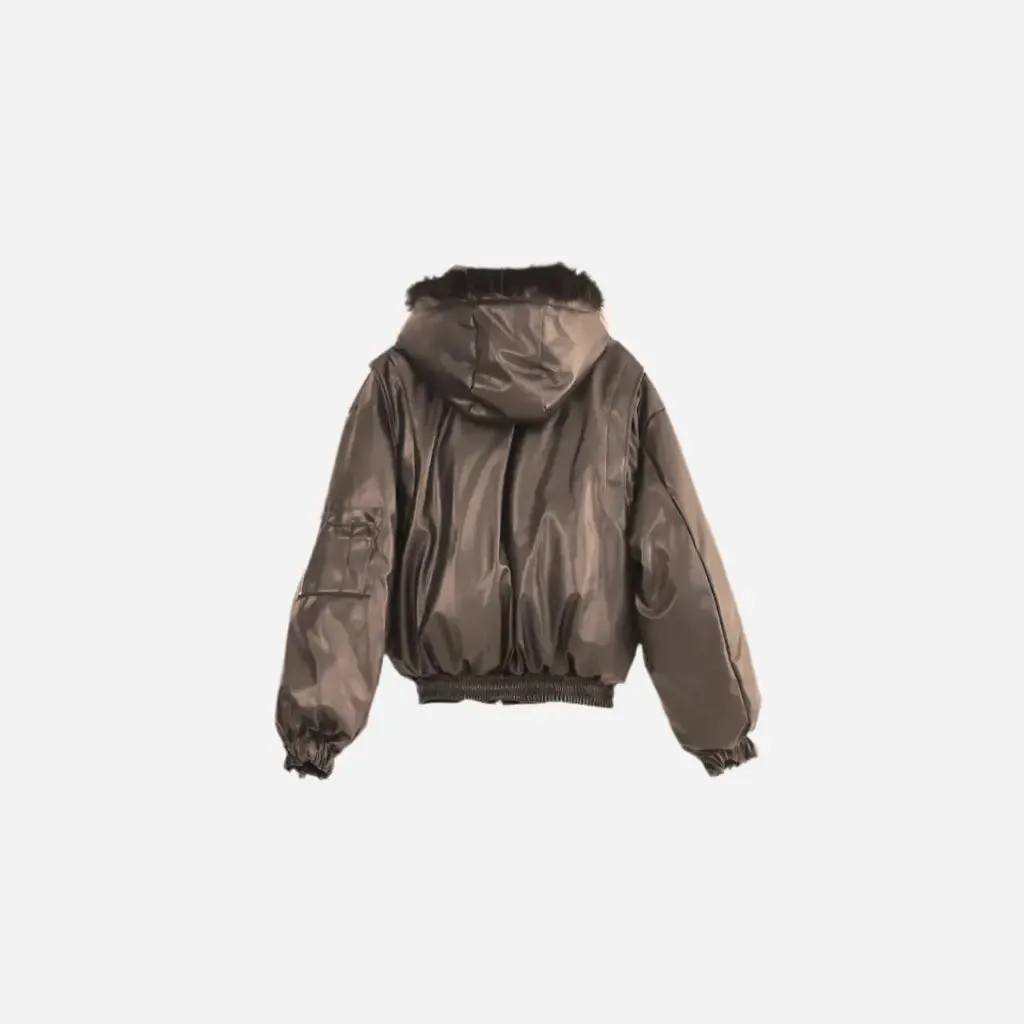 Oversized Leather Fur Hooded Cropped Bomber