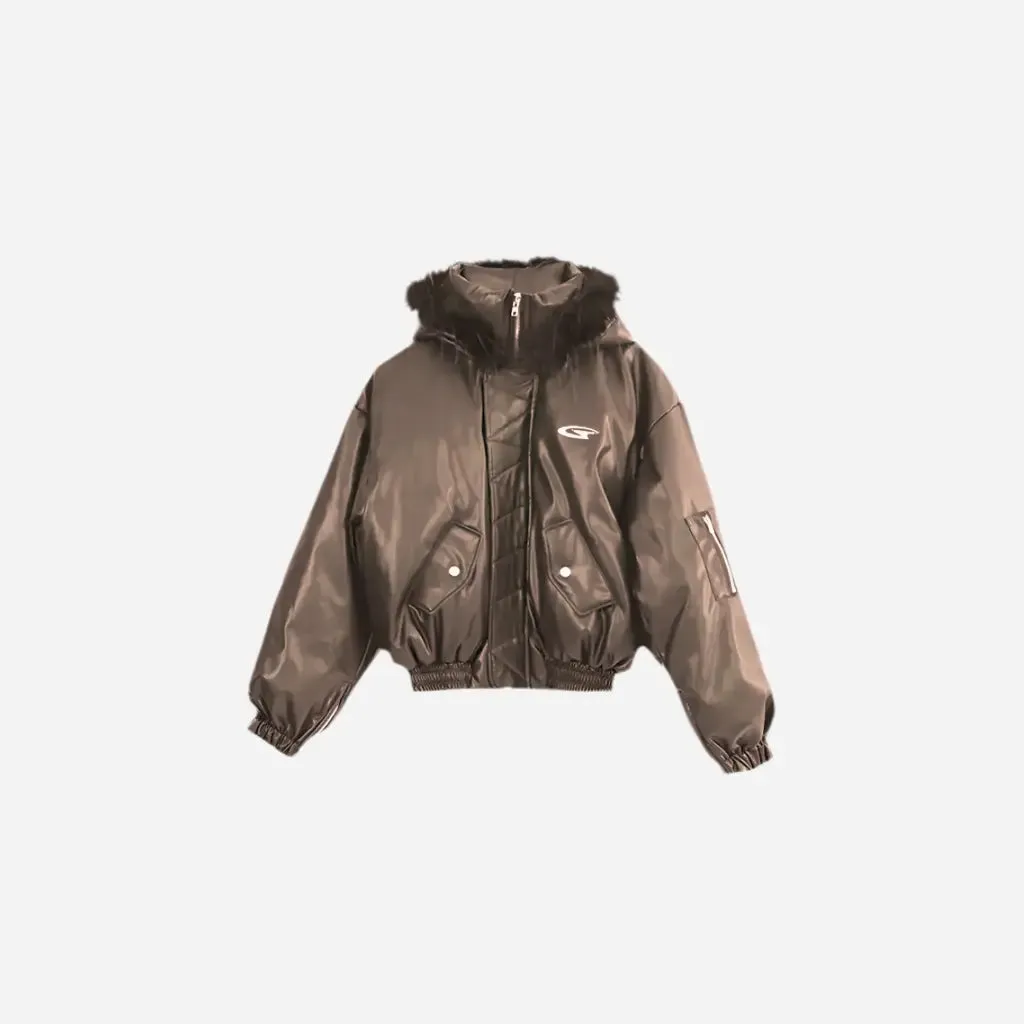Oversized Leather Fur Hooded Cropped Bomber