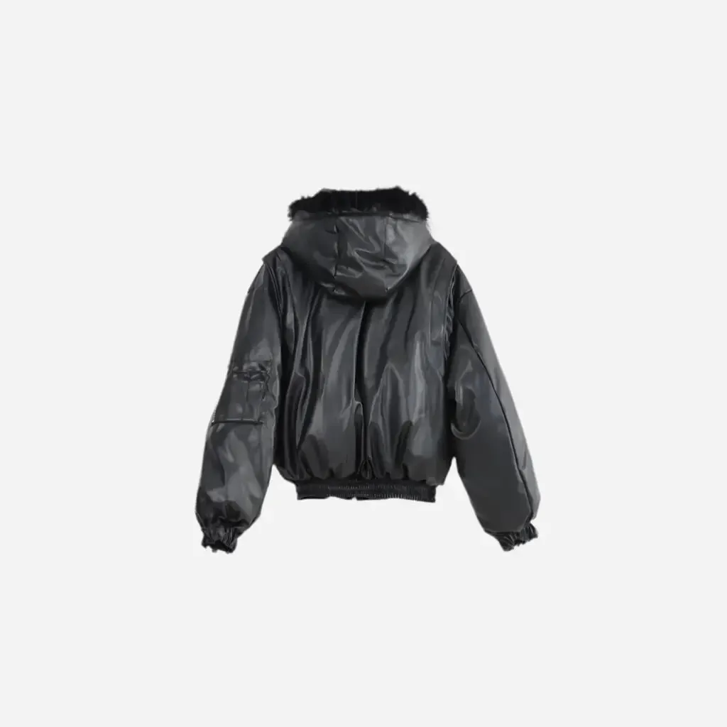 Oversized Leather Fur Hooded Cropped Bomber