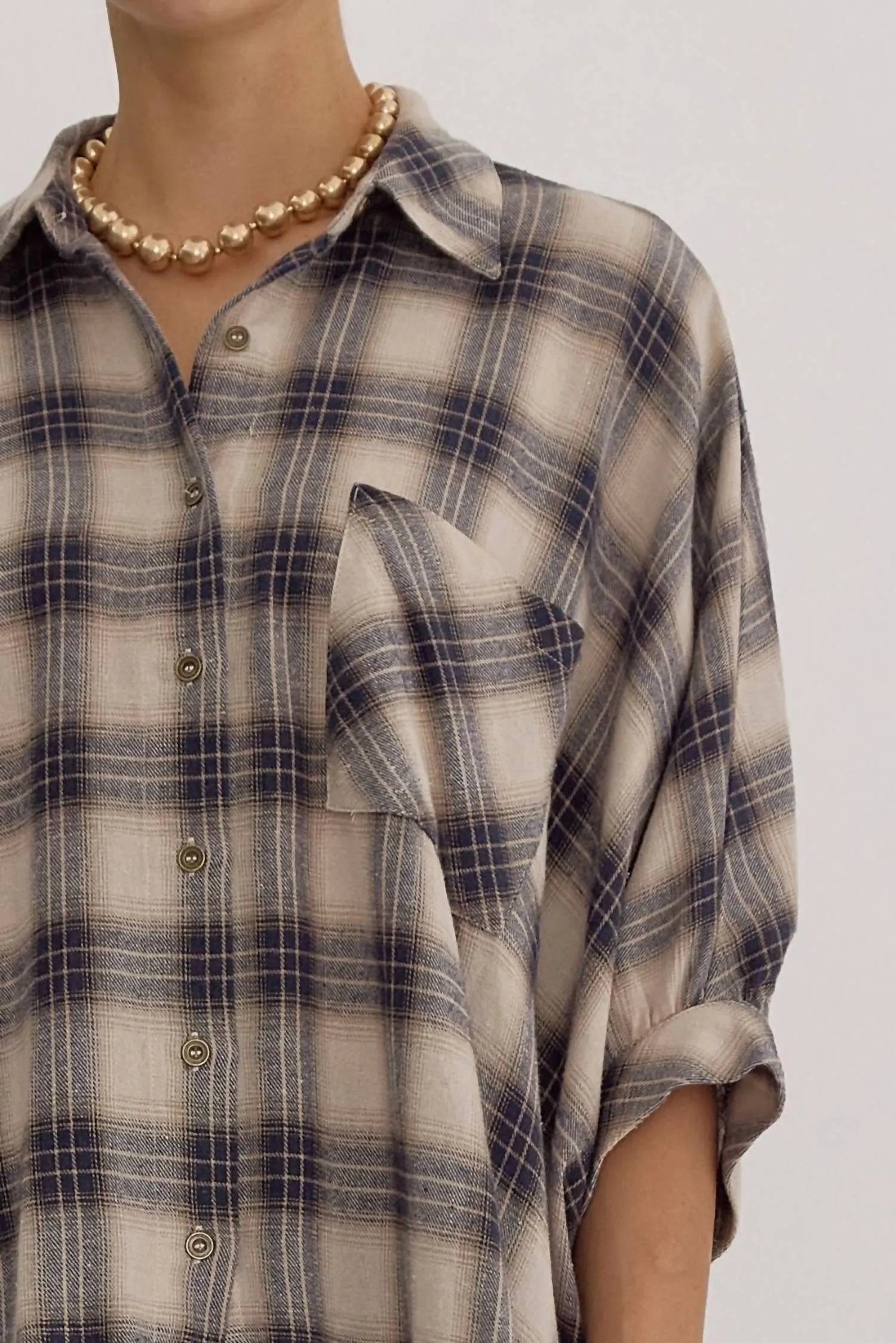 Oversized Plaid Button Down Shirt In Taupe