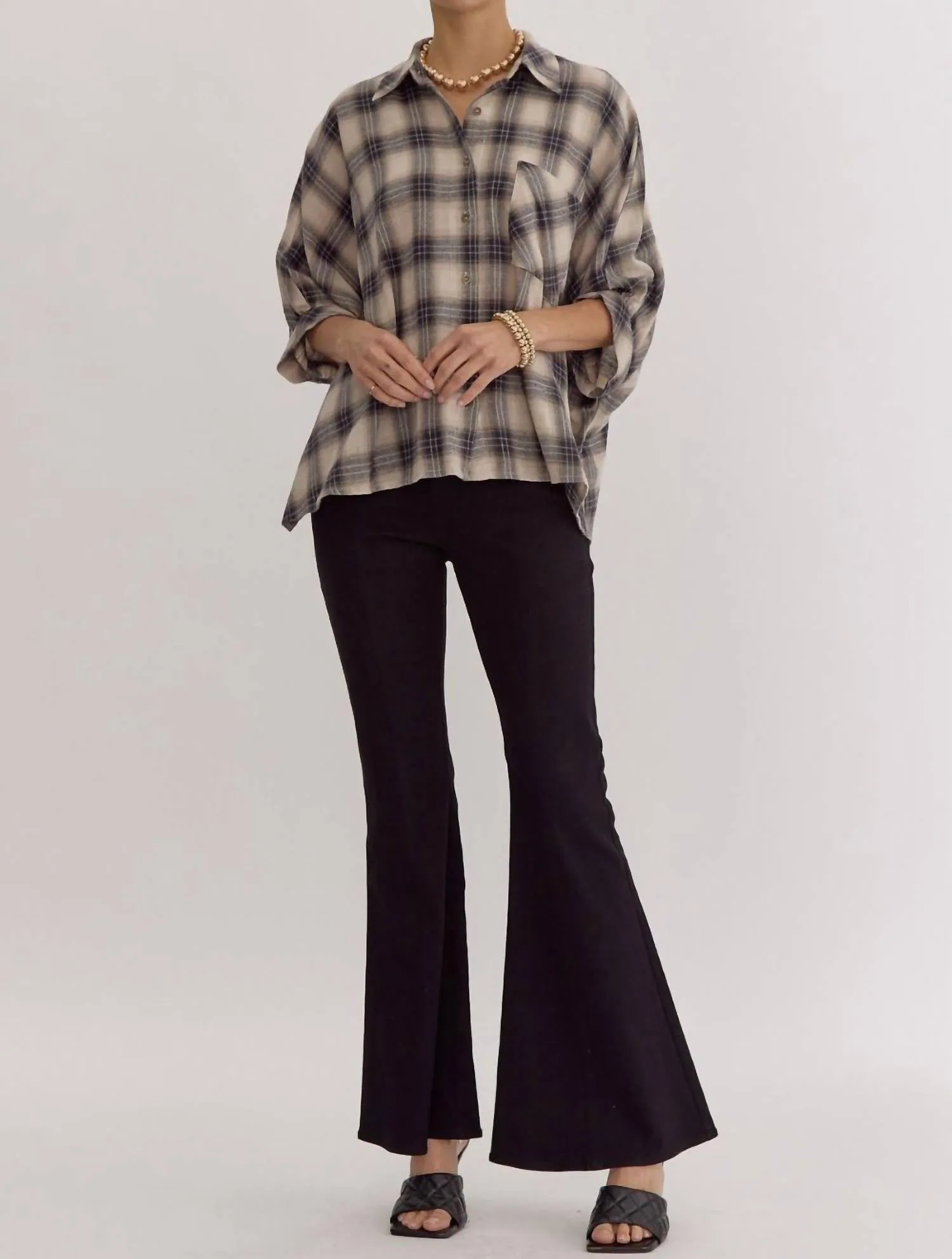 Oversized Plaid Button Down Shirt In Taupe