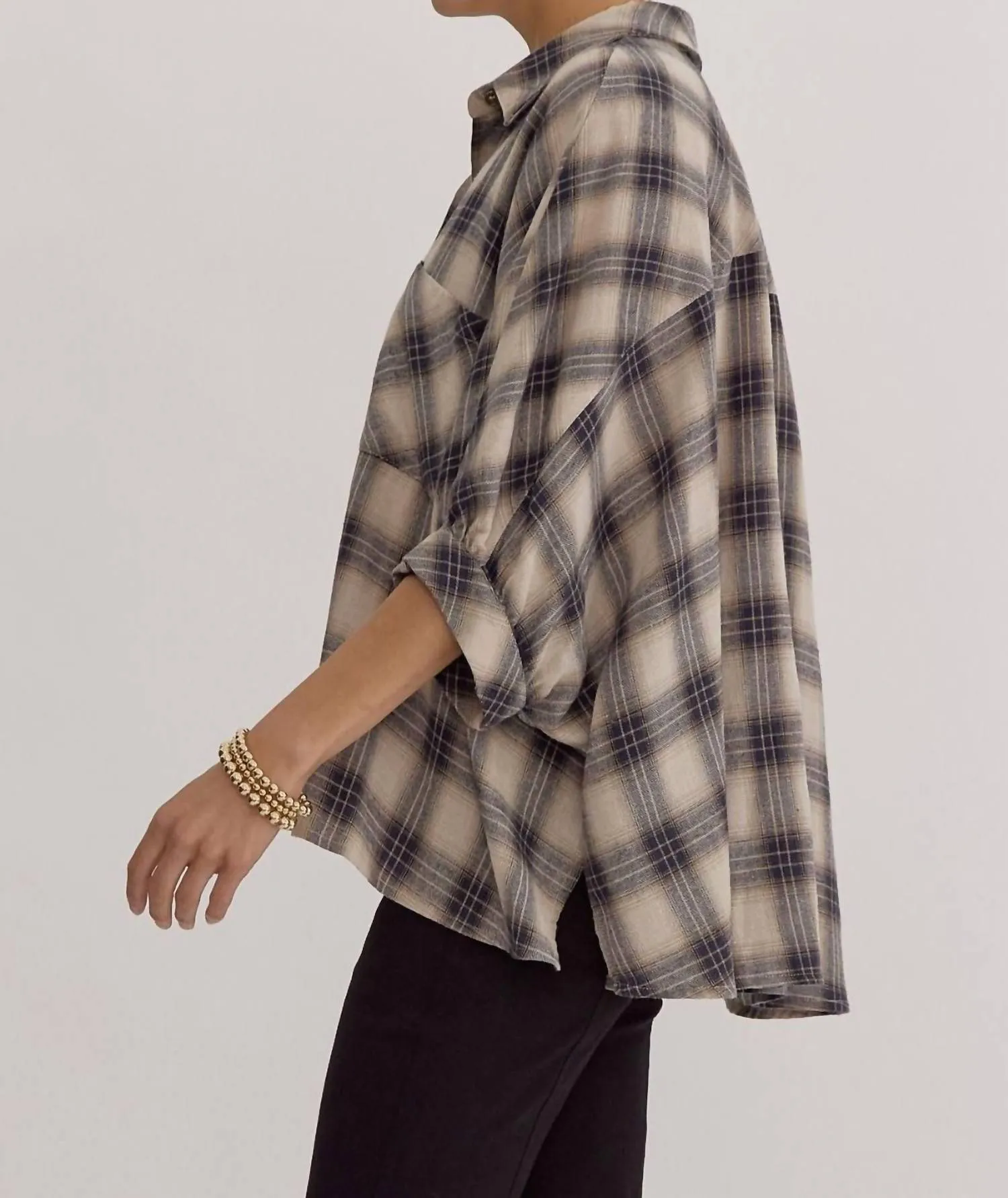 Oversized Plaid Button Down Shirt In Taupe