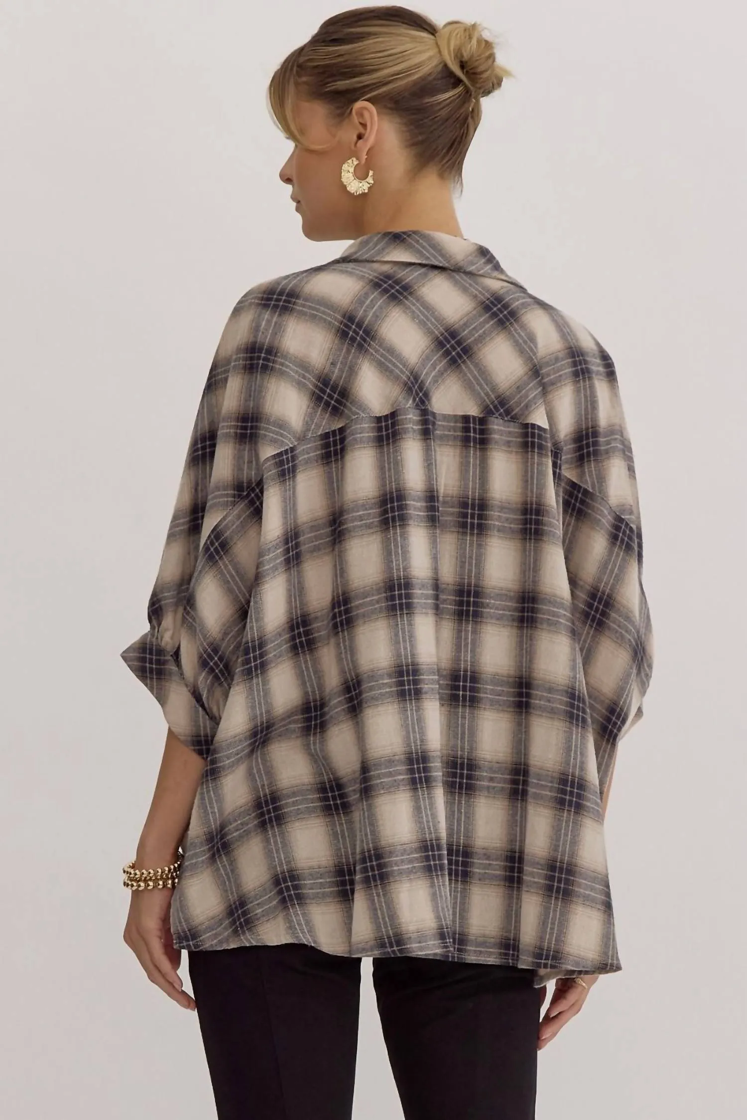 Oversized Plaid Button Down Shirt In Taupe