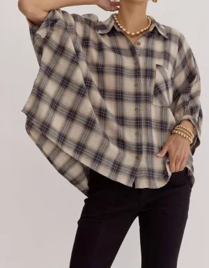 Oversized Plaid Button Down Shirt In Taupe