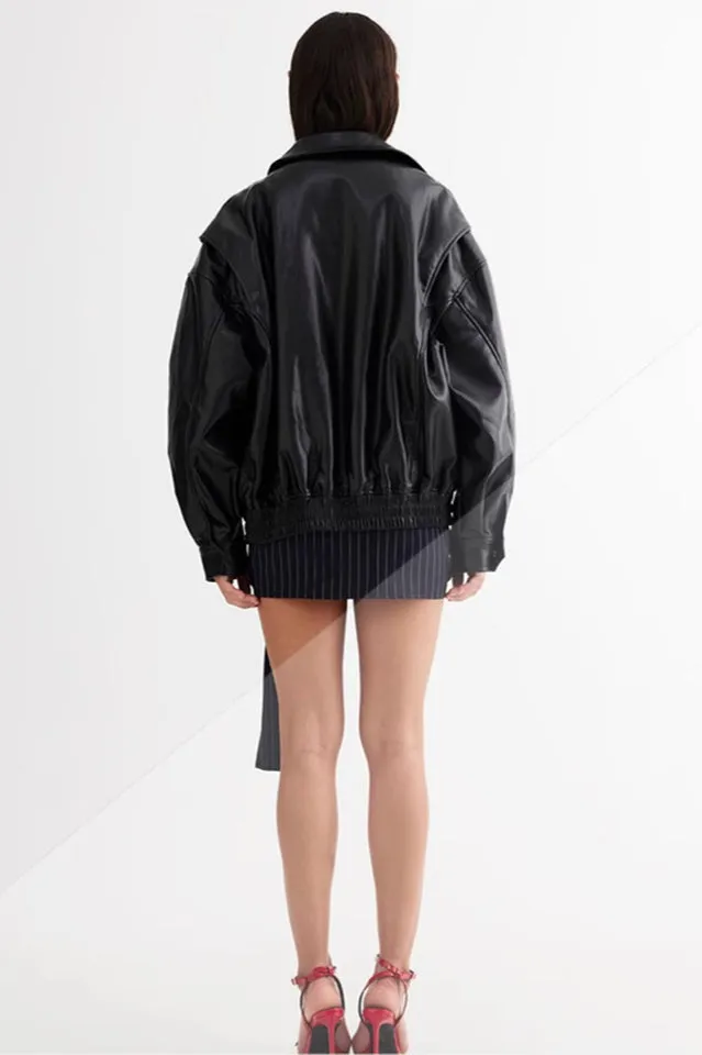 Oversized Vegan Leather Bomber Jacket