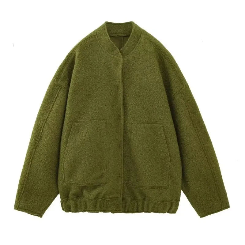 Oversized wool-like-likelen coat with round neckline and buttons - Stylish design for modern women