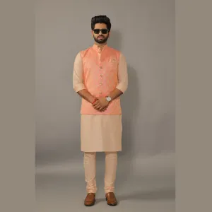 Peach Kurta Pajama Set With Amber Peach Banarasi Nehru Jacket