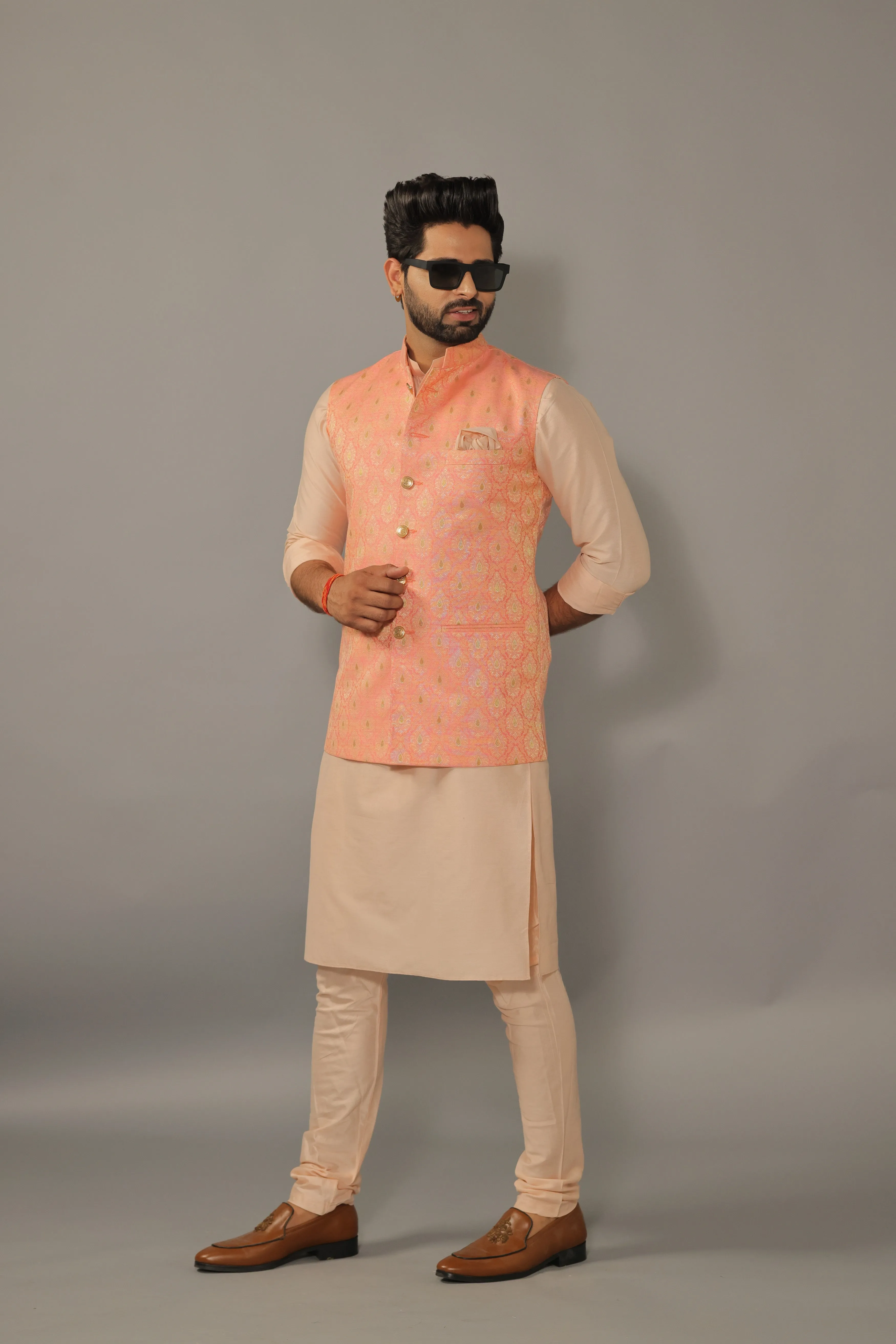 Peach Kurta Pajama Set With Amber Peach Banarasi Nehru Jacket