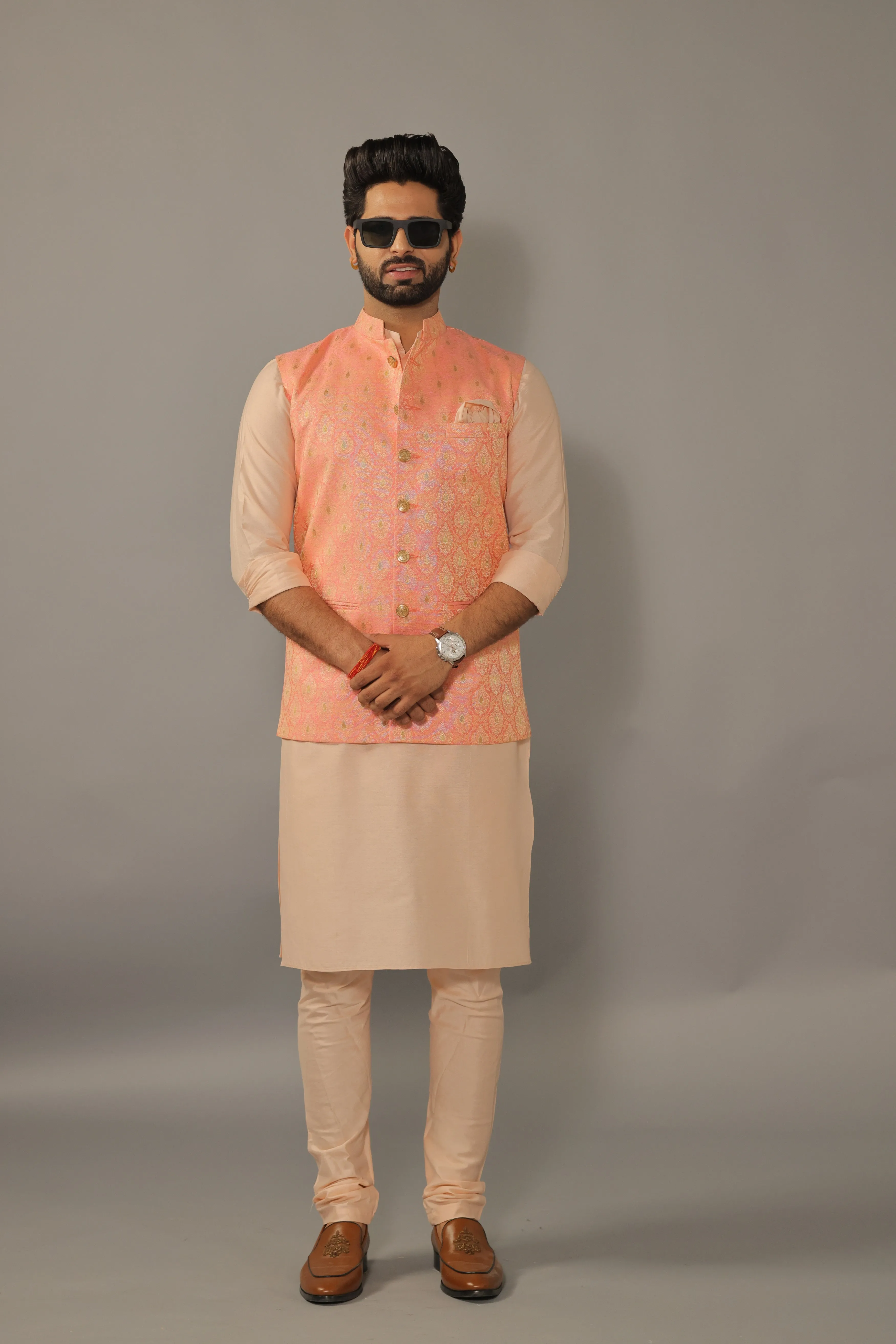 Peach Kurta Pajama Set With Amber Peach Banarasi Nehru Jacket