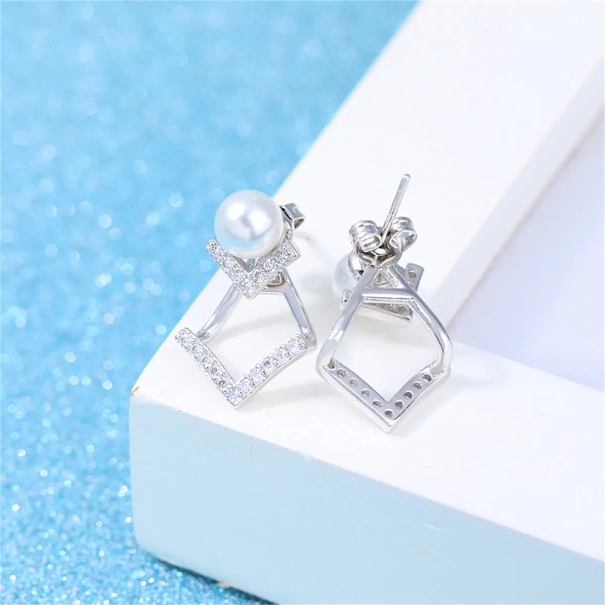 Pearl & Cubic Zirconia Silver-Plated Rhombus Ear Jackets