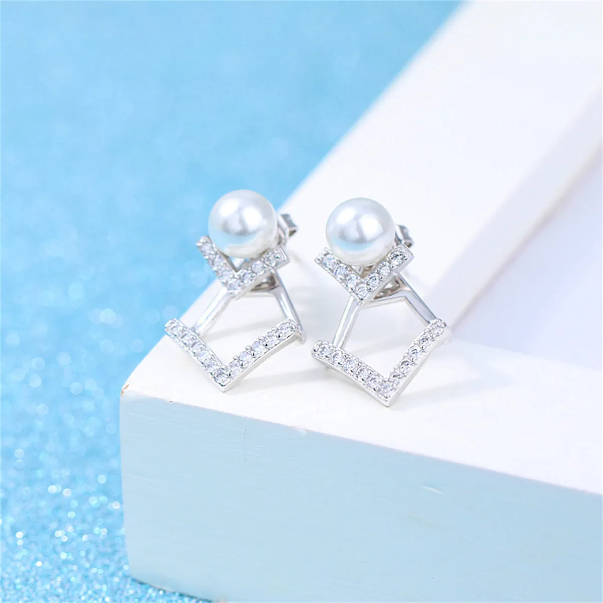 Pearl & Cubic Zirconia Silver-Plated Rhombus Ear Jackets