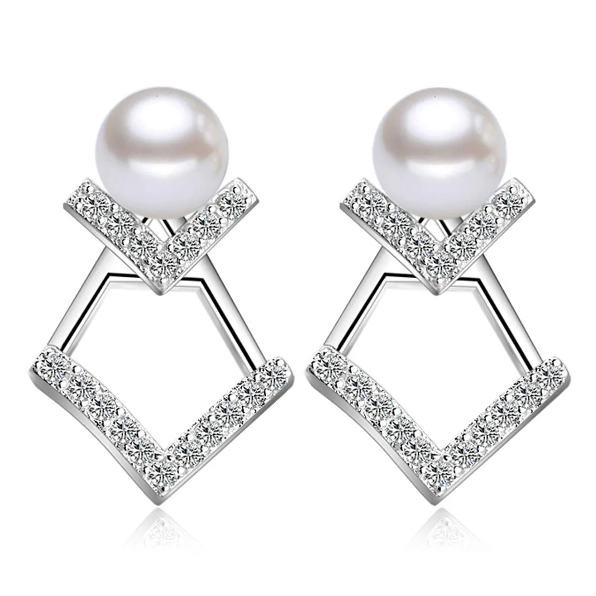 Pearl & Cubic Zirconia Silver-Plated Rhombus Ear Jackets