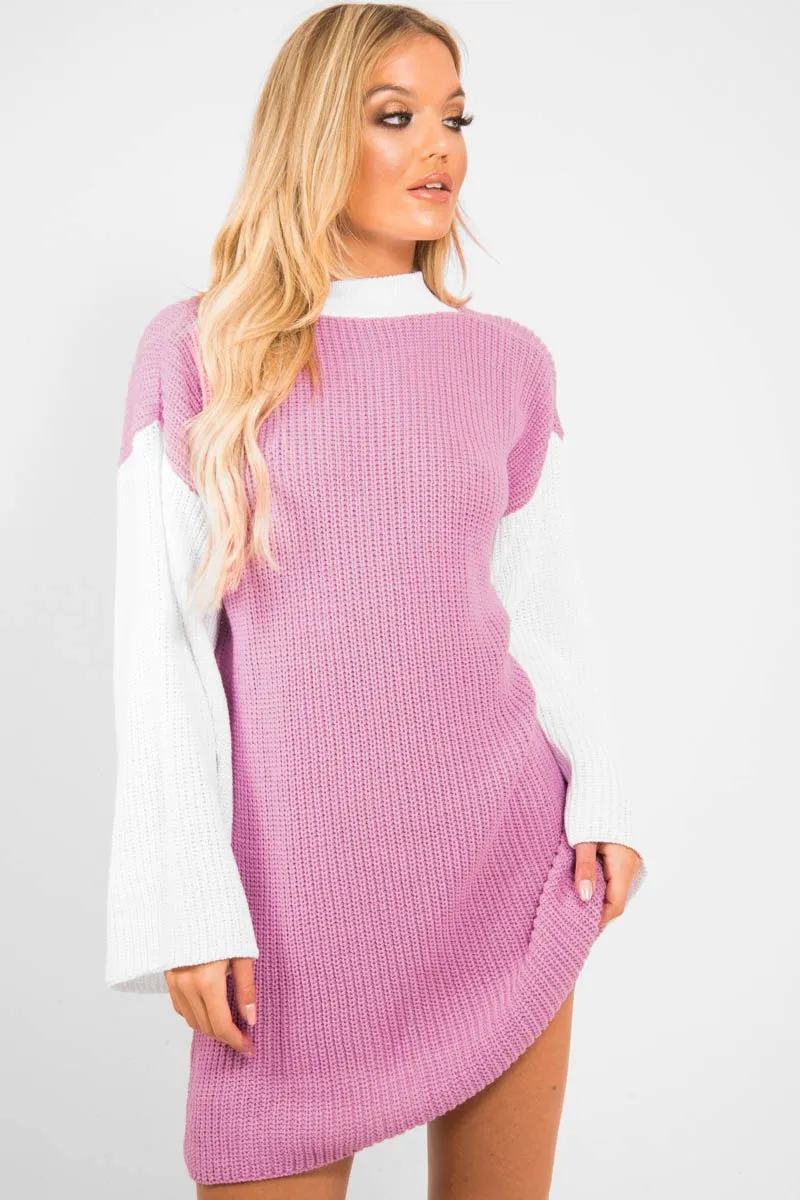 Pink And White Knitted High Neck Oversized Jumper - Cerina