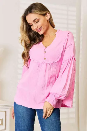 Pink Exposed Seam Buttoned Notched Neck Blouse