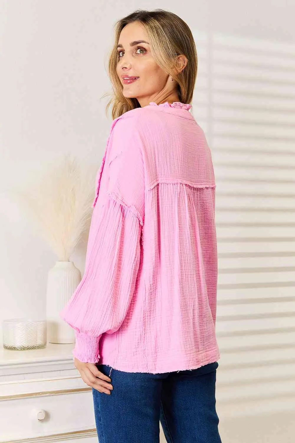 Pink Exposed Seam Buttoned Notched Neck Blouse