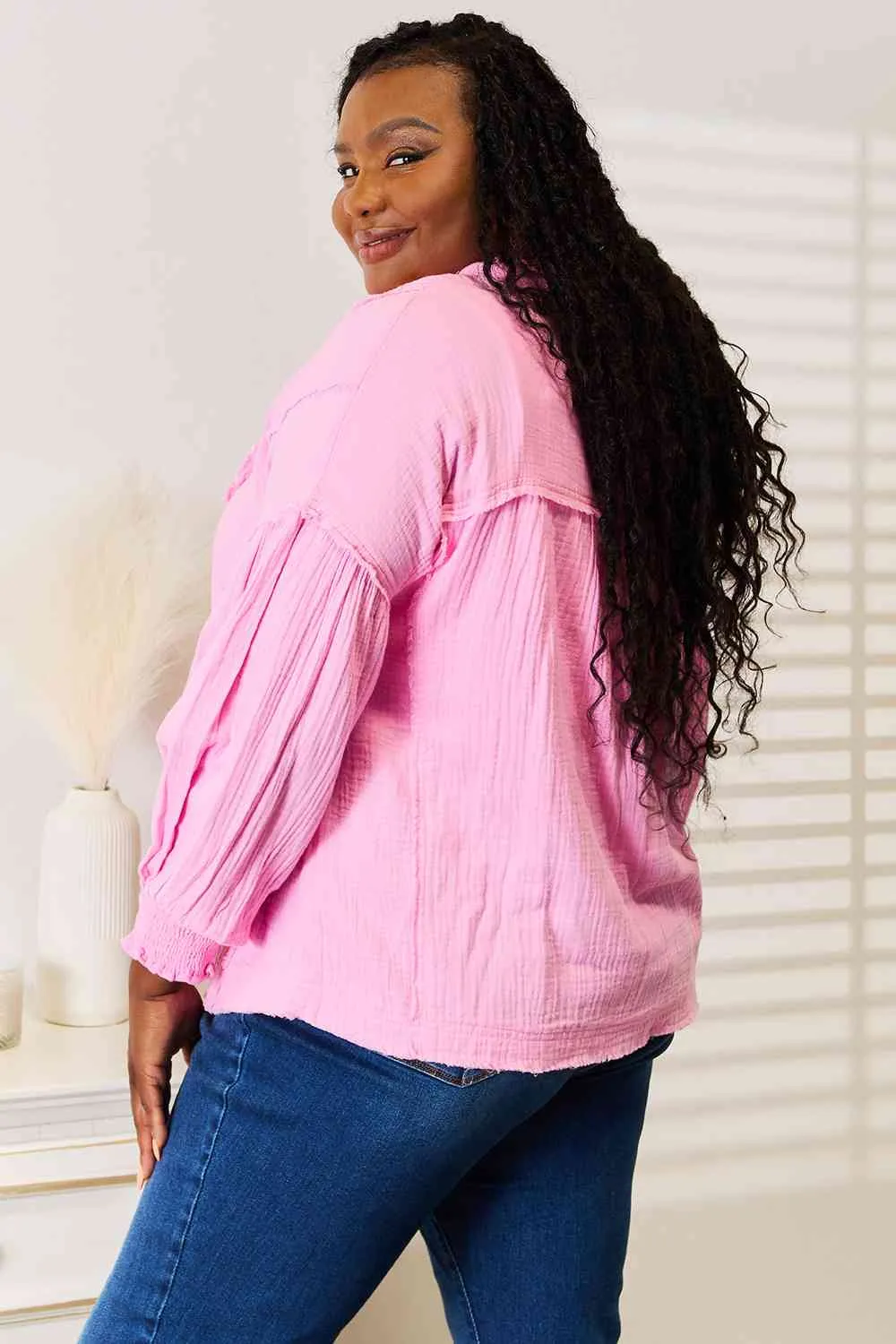Pink Exposed Seam Buttoned Notched Neck Blouse