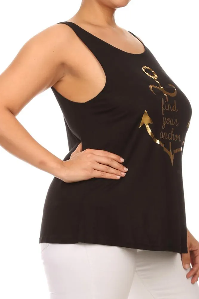 Plus Size Lace Up Back Gold Anchor Top
