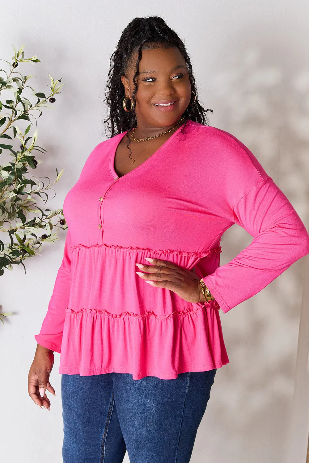 Polly Half Button Long Sleeve Ruffle Hem Top