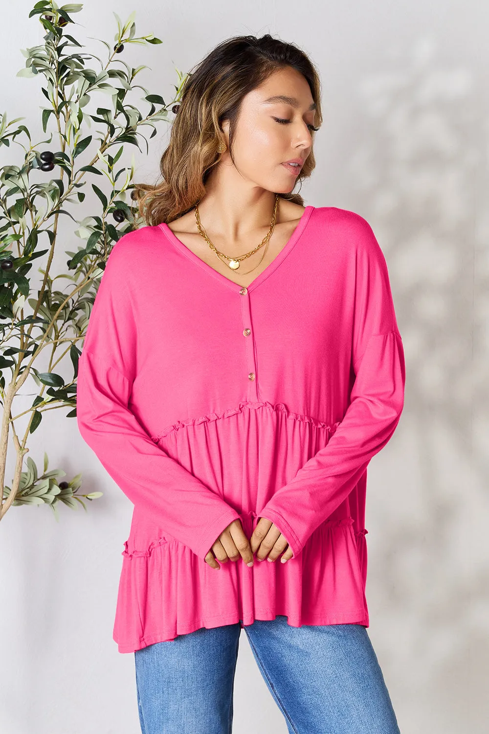 Polly Half Button Long Sleeve Ruffle Hem Top