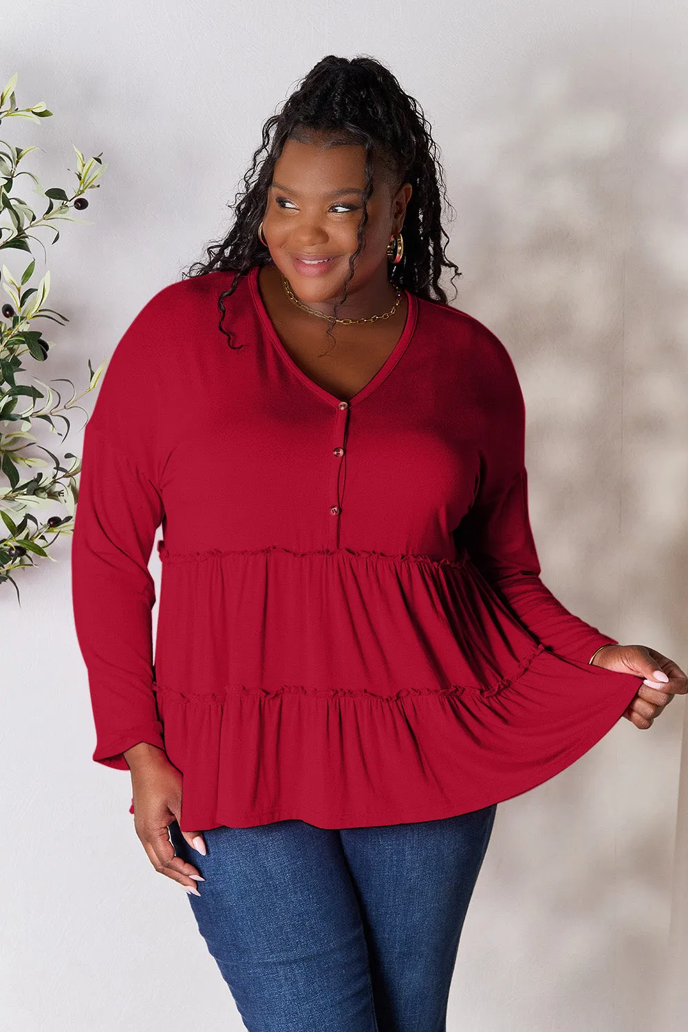 Polly Half Button Long Sleeve Ruffle Hem Top
