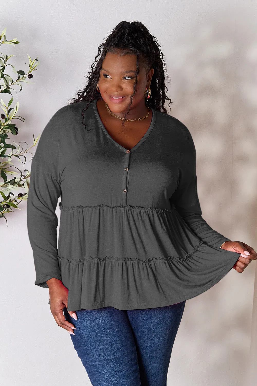 Polly Half Button Long Sleeve Ruffle Hem Top