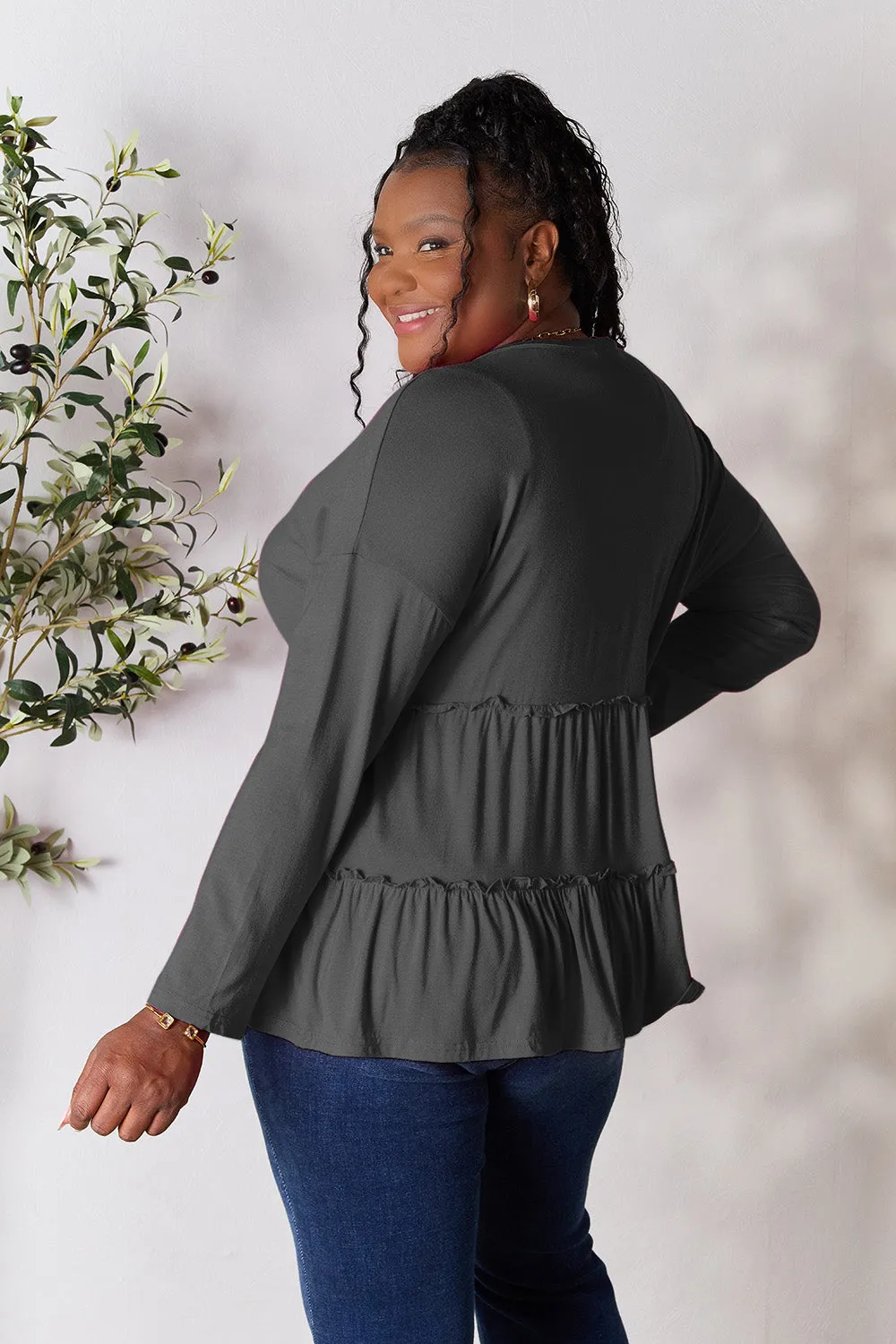 Polly Half Button Long Sleeve Ruffle Hem Top