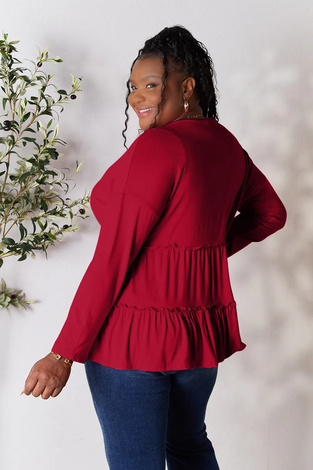 Polly Half Button Long Sleeve Ruffle Hem Top