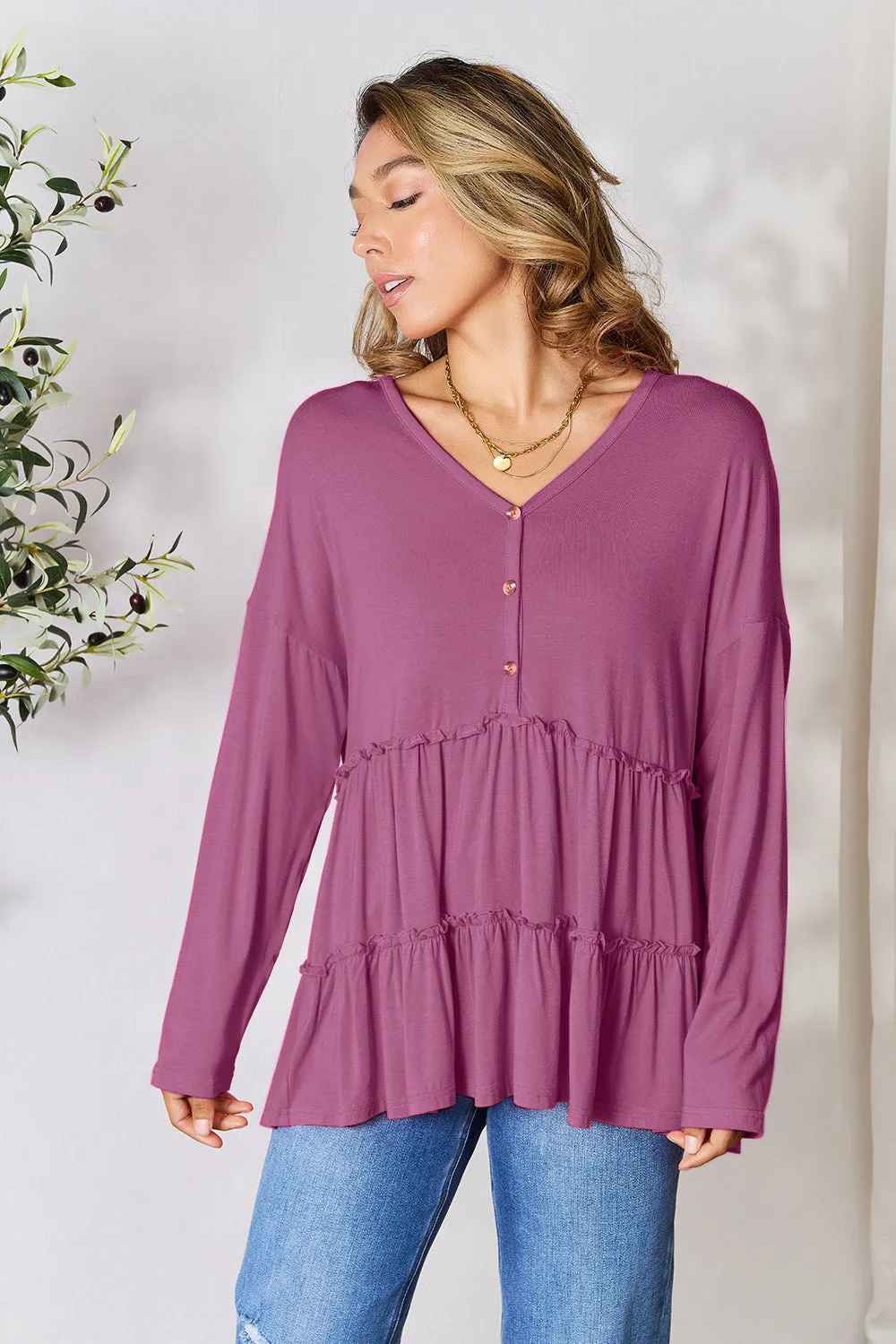 Polly Half Button Long Sleeve Ruffle Hem Top