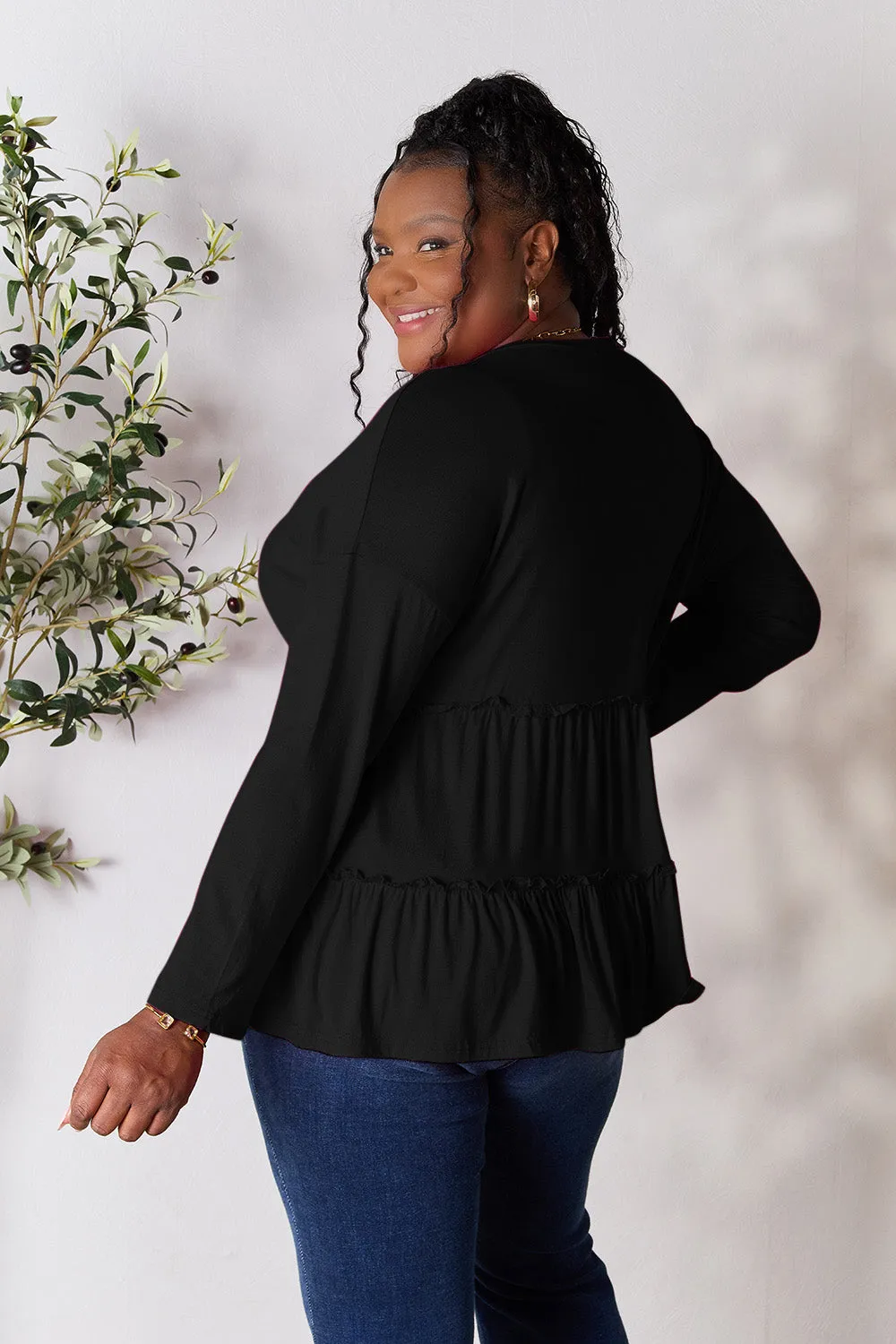 Polly Half Button Long Sleeve Ruffle Hem Top