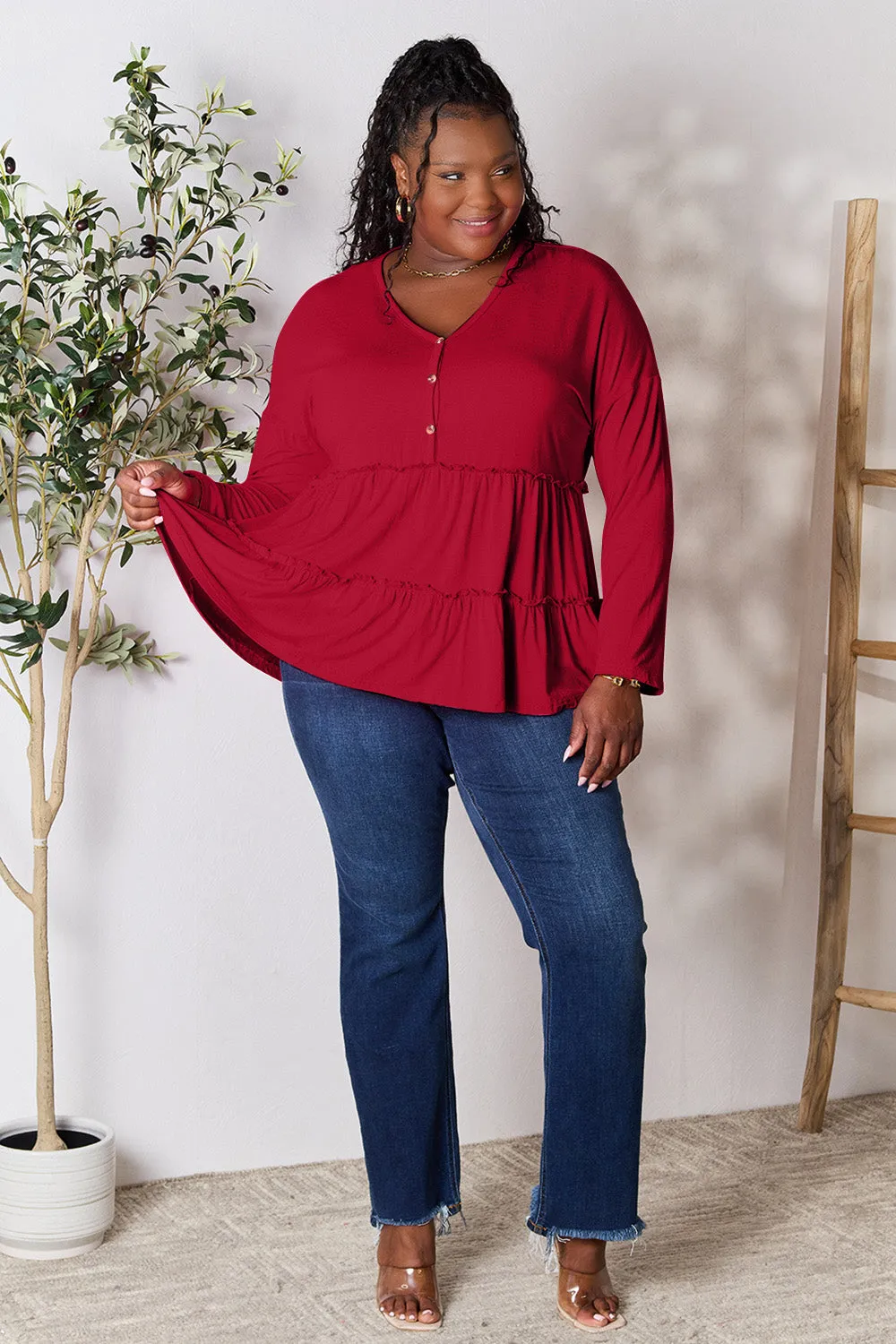 Polly Half Button Long Sleeve Ruffle Hem Top