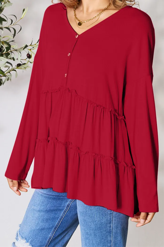 Polly Half Button Long Sleeve Ruffle Hem Top