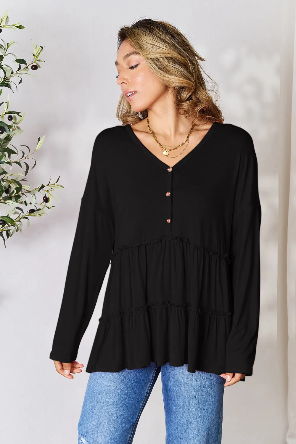 Polly Half Button Long Sleeve Ruffle Hem Top