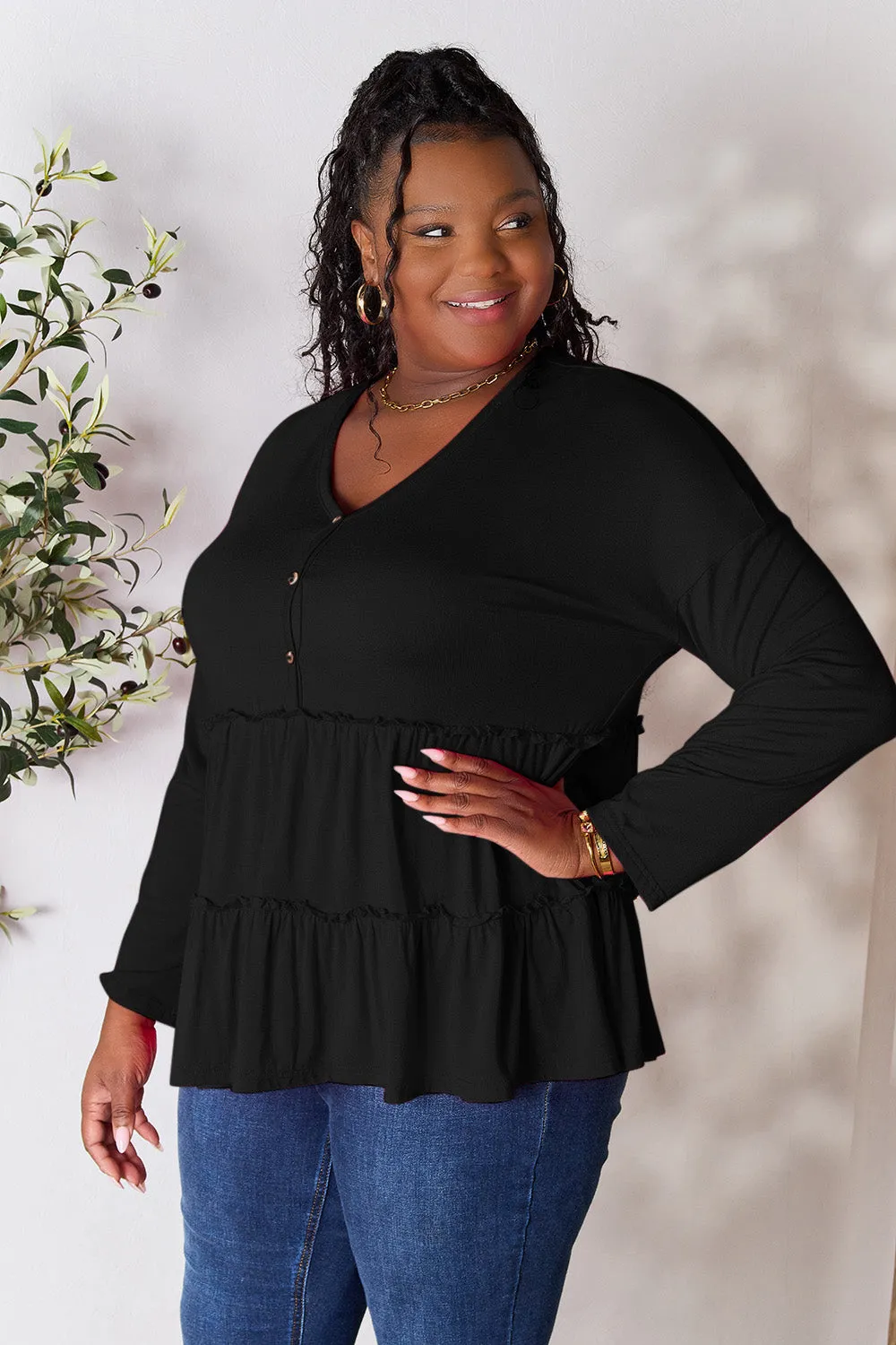 Polly Half Button Long Sleeve Ruffle Hem Top