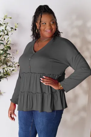 Polly Half Button Long Sleeve Ruffle Hem Top