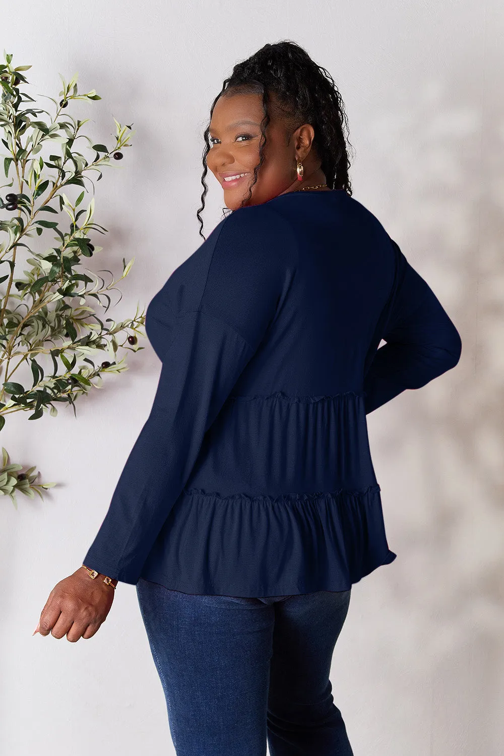 Polly Half Button Long Sleeve Ruffle Hem Top