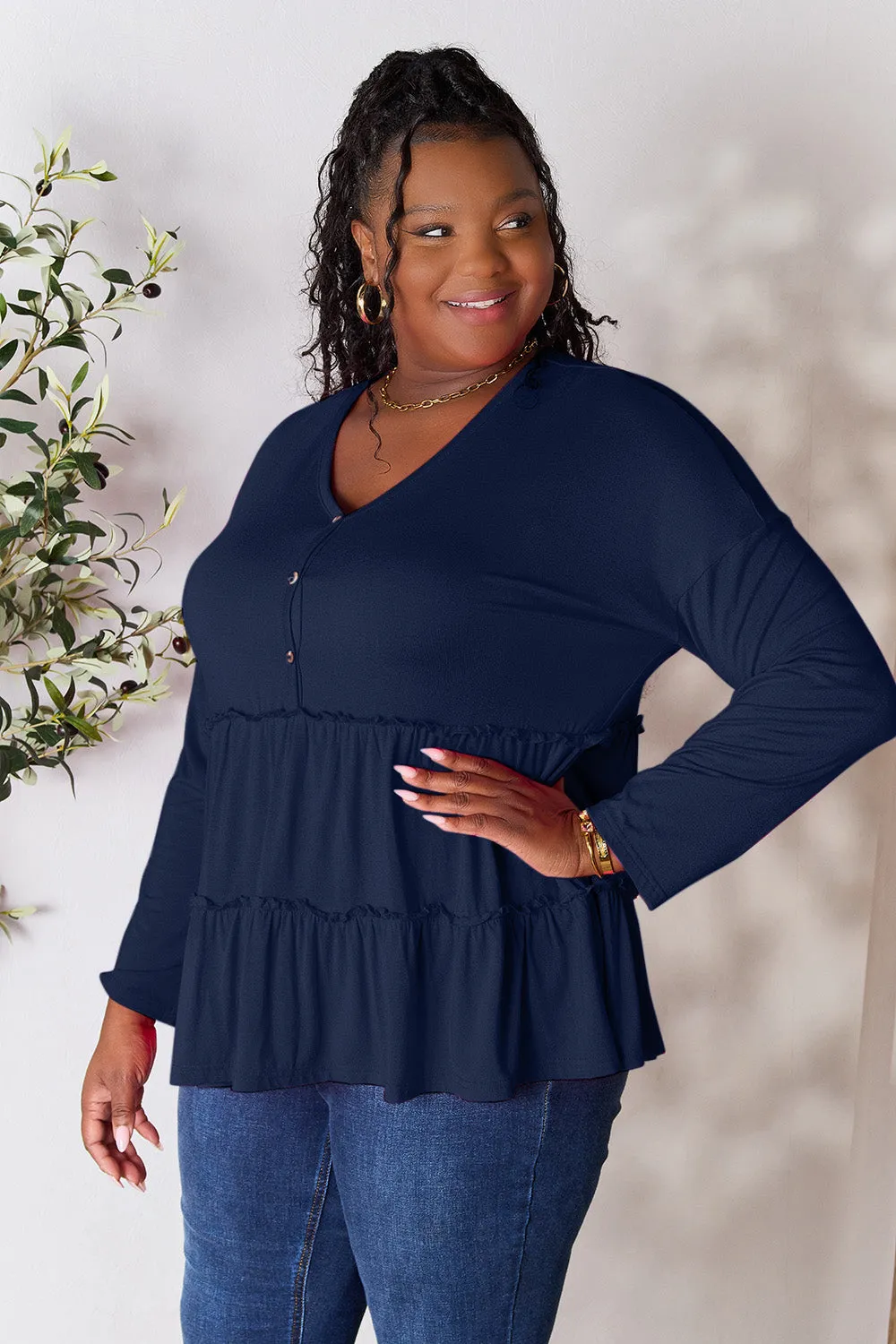 Polly Half Button Long Sleeve Ruffle Hem Top
