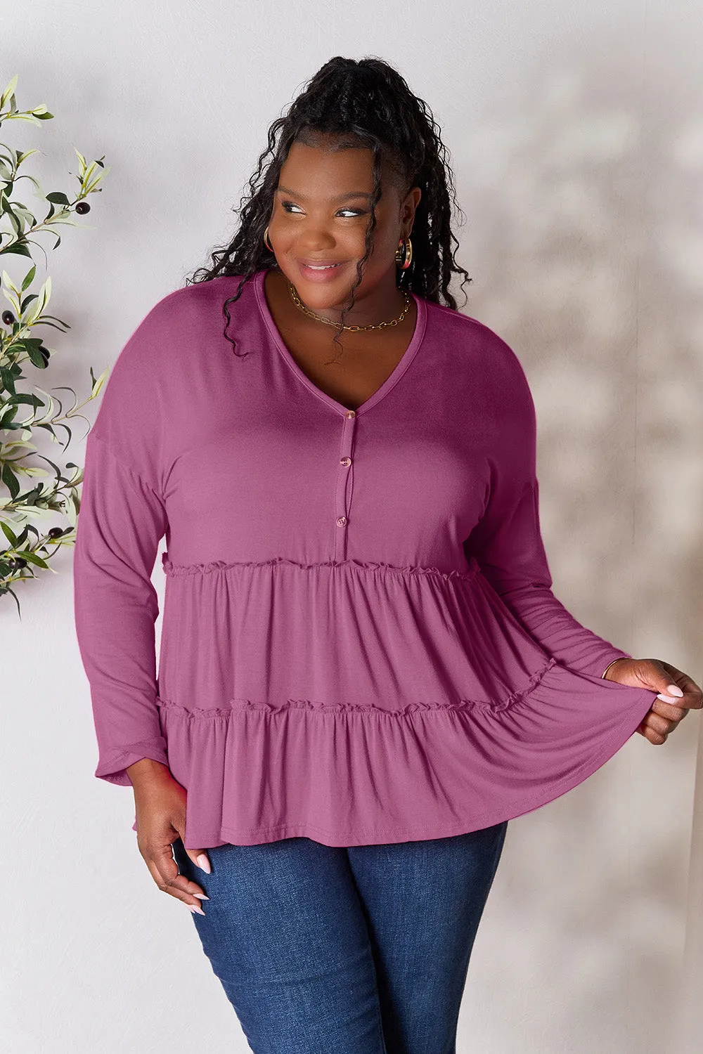Polly Half Button Long Sleeve Ruffle Hem Top